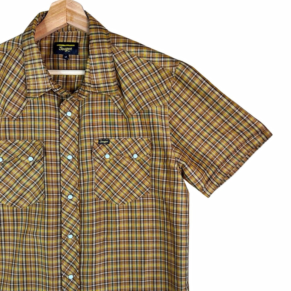 Seager Western Shirt Mens Medium Pearl Snap Plaid Short Sleeve Brown Rodeo